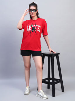 Griffel - Red Round Neck Graphic Oversized T-Shirt
