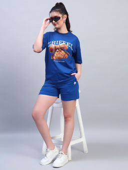 Griffel - Blue Round Neck Graphic Oversized T-Shirt