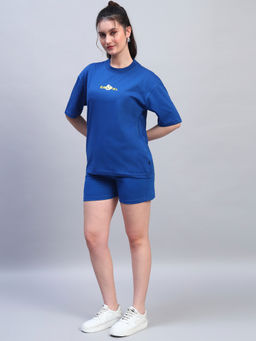 Griffel - Blue Round Neck Graphic Oversized T-Shirt