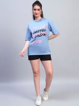 Griffel - Turquoise Round Neck Graphic Oversized T-Shirt