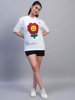 Griffel - White Round Neck Graphic Oversized T-Shirt