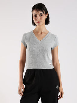 Calvin Klein - Grey Textured Slim Fit Cotton T Shirt