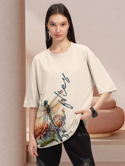HELLCAT - Beige Trendy Printed Oversized T-Shirt for Women