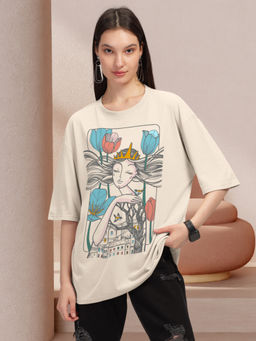 HELLCAT - Beige Trendy Printed Oversized T-Shirt for Women