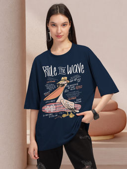 HELLCAT - Navy Trendy Printed Oversized T-Shirt for Women