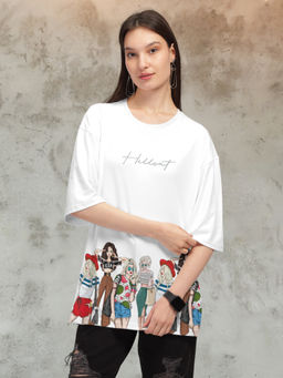HELLCAT - White Trendy Printed Oversized T-Shirt for Women