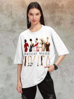 HELLCAT - White Trendy Printed Oversized T-Shirt for Women