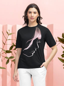 HELLCAT - Black Trendy Printed Regular Fit Round Neck Casual T-Shirt for Women