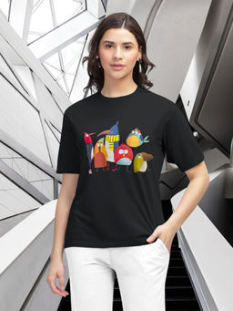 HELLCAT - Black Trendy Printed Regular Fit Round Neck Casual T-Shirt for Women