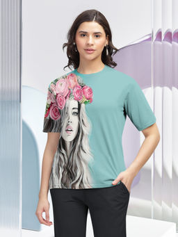 HELLCAT - Mint Green Trendy Printed Regular Fit Round Neck Casual T-Shirt for Women