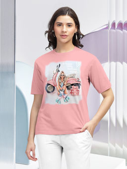 HELLCAT - Peach Trendy Printed Regular Fit Round Neck Casual T-Shirt for Women