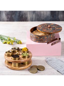 Nestroots - Grey Enamel Print Roti box & 5 Jar Masala box (Set of 2)