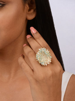House of D'oro - White and Pastel Blue Pearl Finger Ring with Gems