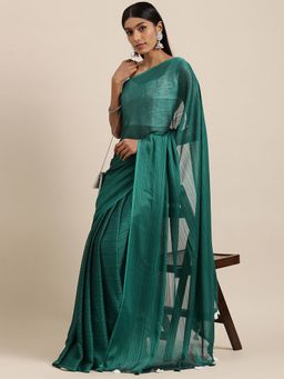 Akhilam - Womens Georgette Teal Blue Solid Celebrity Saree with Unstitched Blouse