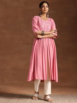 Libas - Pink Striped Embroidered Design A-Line Pleated Kurta
