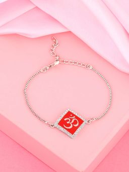 Estele - Rhodium Plated Divine Red Om Bracelet with Enamel & Crystals for Men and Women