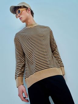 Bewakoof - Men's Brown Striped Oversized Flatknit Sweater
