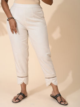 Maba India - White Regular Fit Crochet Lace Pintuck Pleats and Box Opening Pants