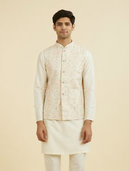Manyavar - Men's Cream Embroidered Nehru Jacket