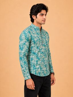 EKATVA ETHNIC - Men's Linen Printed Mint Green Casual Ethnic Wear Short Kurta
