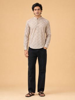 EKATVA ETHNIC - Men's Linen Printed Beige Casual Ethnic Wear Short Kurta