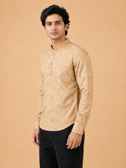 EKATVA ETHNIC - Men's Linen Printed Mustard Casual Ethnic Wear Short Kurta