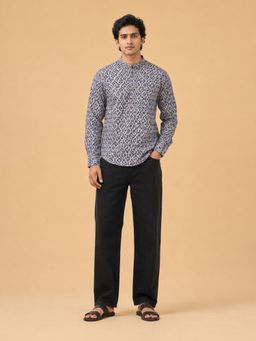 EKATVA ETHNIC - Men's Linen Printed Navy Blue Casual Ethnic Wear Short Kurta