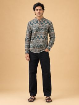 EKATVA ETHNIC - Men's Linen Printed Teal Casual Ethnic Wear Short Kurta
