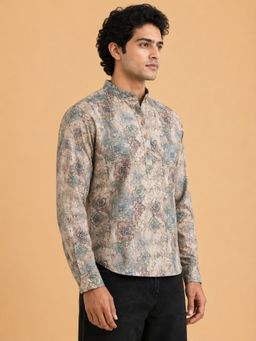 EKATVA ETHNIC - Men's Linen Printed Grey Casual Ethnic Wear Short Kurta