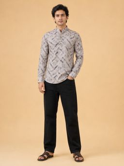 EKATVA ETHNIC - Men's Linen Printed Grey Casual Ethnic Wear Short Kurta