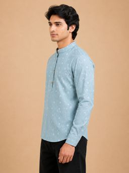 EKATVA ETHNIC - Men's Linen Printed Blue Casual Ethnic Wear Short Kurta