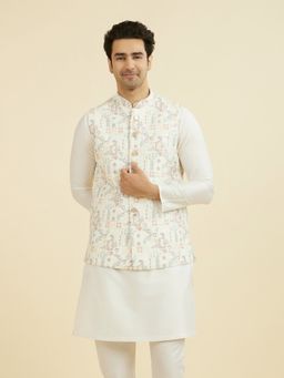 Manyavar - Men's Cream Embroidered Nehru Jacket with Pocket Pin