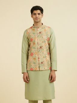Manyavar - Men's Elegant Pista Green Nehru Jacket with Pocket Pin