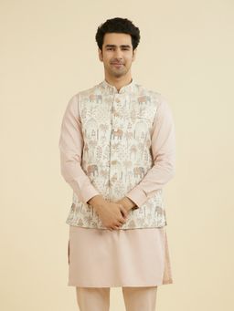 Manyavar - Men's Cream Embroidered Satin Nehru Jacket with Pocket Pin
