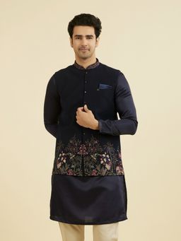 Manyavar - Men's Elegant Navy Blue Nehru Jacket with Pocket Pin & Pocket Square