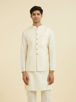 Manyavar - Men's Cream Brocade Woven Nehru Jacket with Pocket Pin