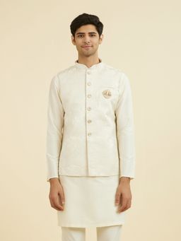 Manyavar - Men's Cream Brocade Woven Nehru Jacket with Pocket Pin