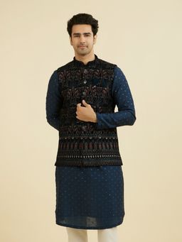 Manyavar - Men's Teal Velvet Embroidered Nehru Jacket with Pocket Pin & Pocket Square