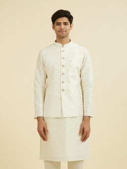 Manyavar - Men's Cream Brocade Woven Nehru Jacket with Pocket Pin