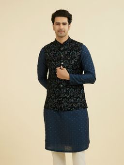 Manyavar - Men's Navy Blue Elegant Velvet Embroidered Nehru Jacket with Pocket Pin