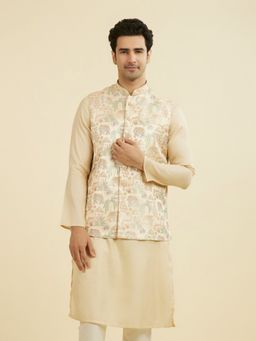 Manyavar - Men's Beige Elephant Print Nehru Jacket with Pocket Pin
