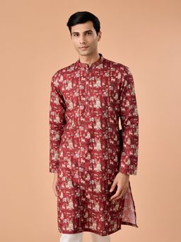 Manyavar - Maroon Kissed Cotton Printed Kurta for Men