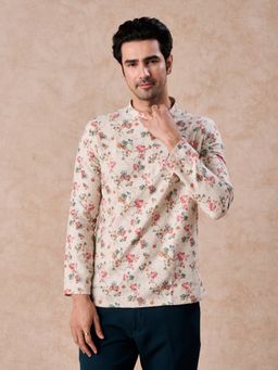 Manyavar - Beige Charm Cotton Floral Short Kurta for Men