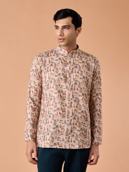 Manyavar - Chic Beige Floral Print Short Kurta for Men