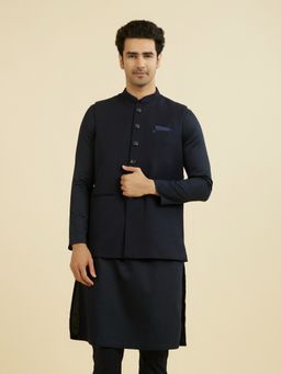 Manyavar - Men's Elegant Navy Blue Solid Nehru Jacket with Pocket Pin & Pocket Square