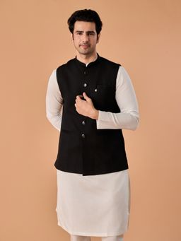 Manyavar - Men's Black Elegance Solid Nehru Jacket with Pocket Pin & Pocket Square