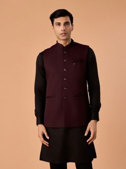 Manyavar - Men's Wine Elegance Solid Nehru Jacket with Pocket Pin & Pocket Square