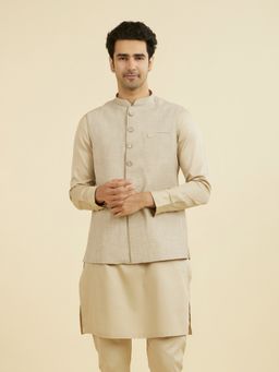 Manyavar - Men's Natural Beige Textured Nehru Jacket with Pocket Pin