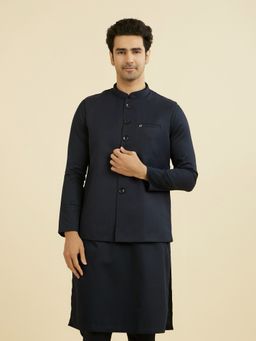 Manyavar - Men's Dark Blue Solid Nehru Jacket with Pocket Pin