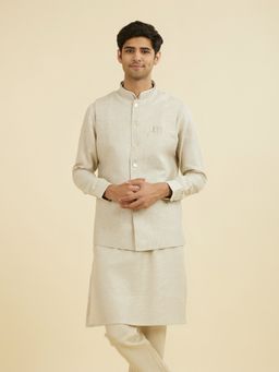Manyavar - Men's Regal Beige Textured Nehru Jacket with Pocket Square